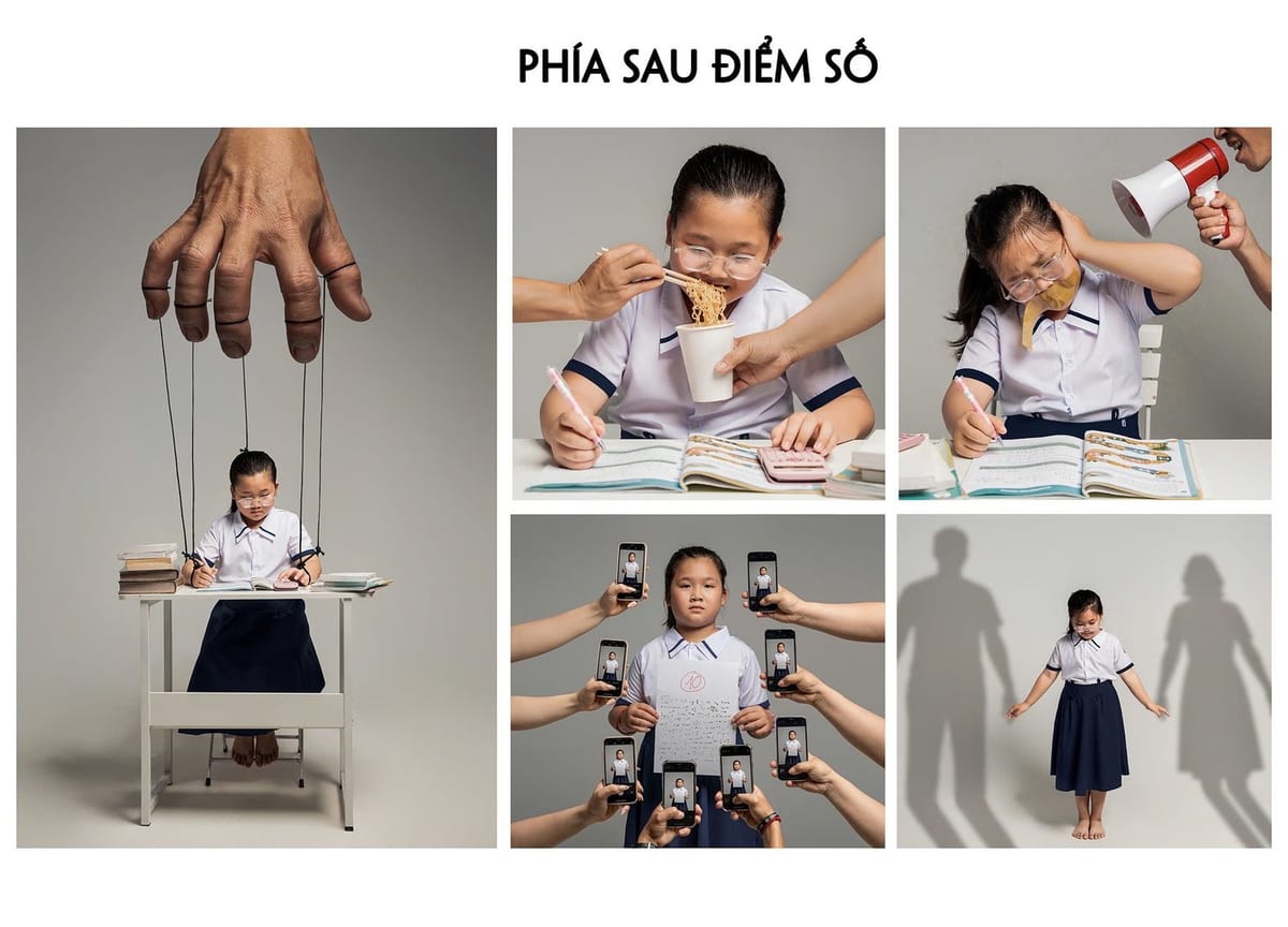 Bộ năm khung về áp lực học hành: bàn tay lớn giật dây điều khiển cô bé ngồi học như con rối, người lớn đút mì và chĩa loa vào tai em, một vòng điện thoại vây quanh em cầm bài kiểm tra điểm 10